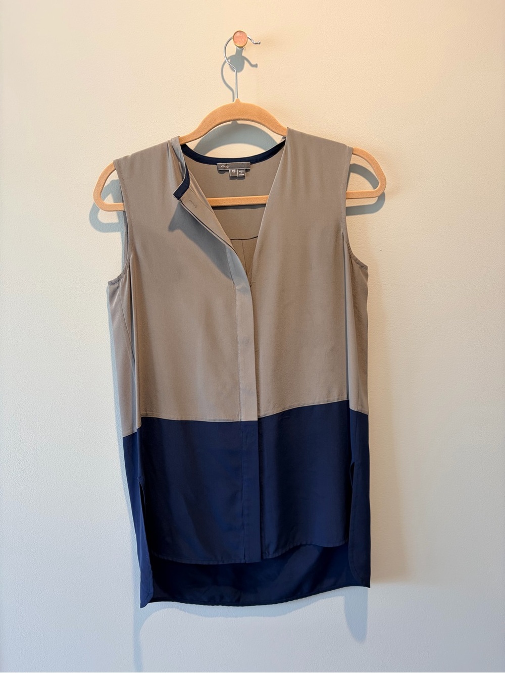 Vince Sleeveless Colorblock Tunic in Taupe and Navy Blue